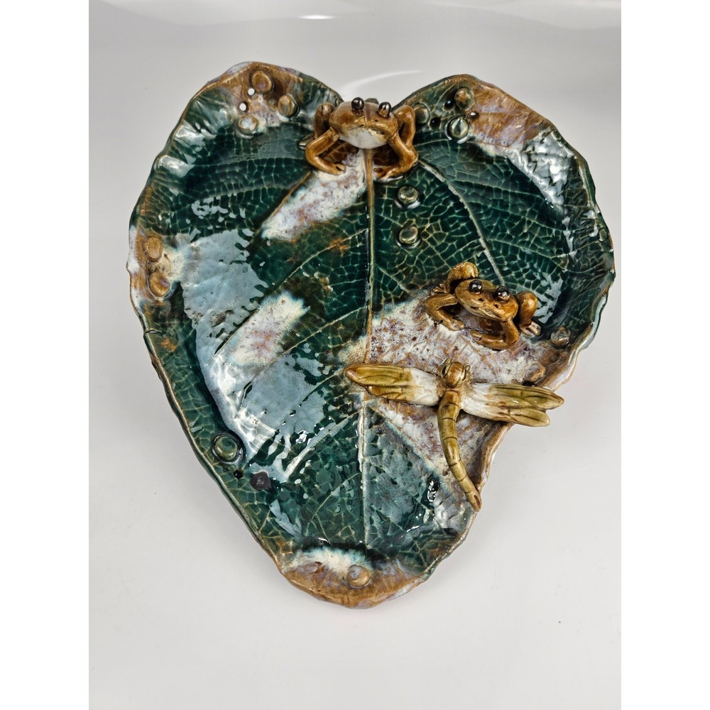Ceramic Lily Pad Dish Frogs Dragonfly Applied Majolica Style Glazed Pottery Tray